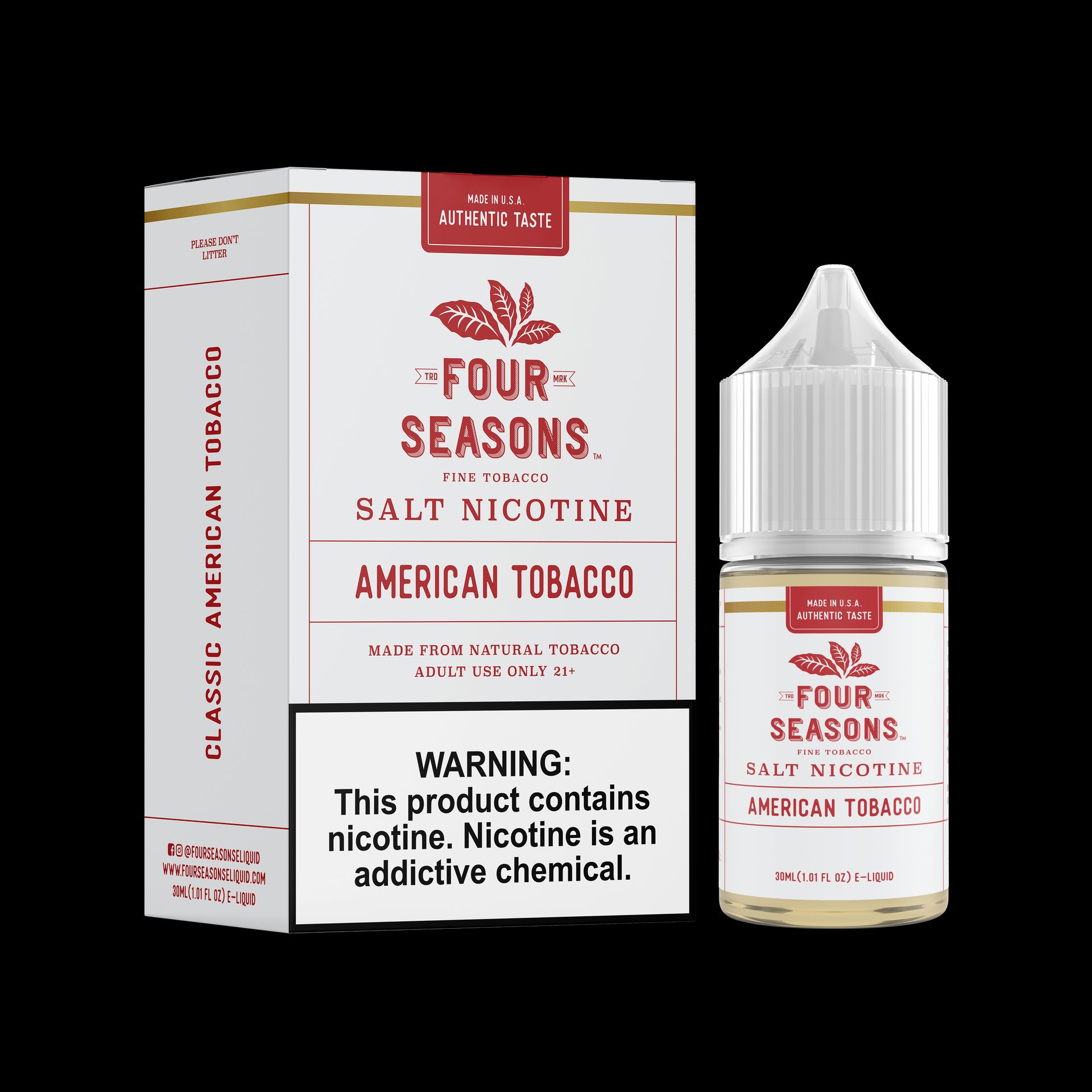 Four Seasons SALTS E-Liquid - American Tobacco, 30mL with Packaging