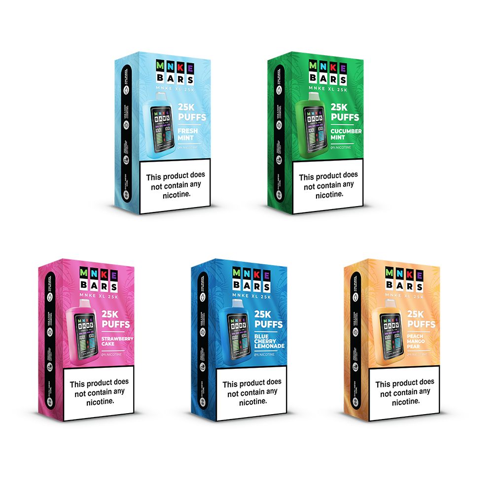 MNKE Bars XL ZERO Disposable | 25000 Puffs | 18mL | 0mg | Group Image with packaging
