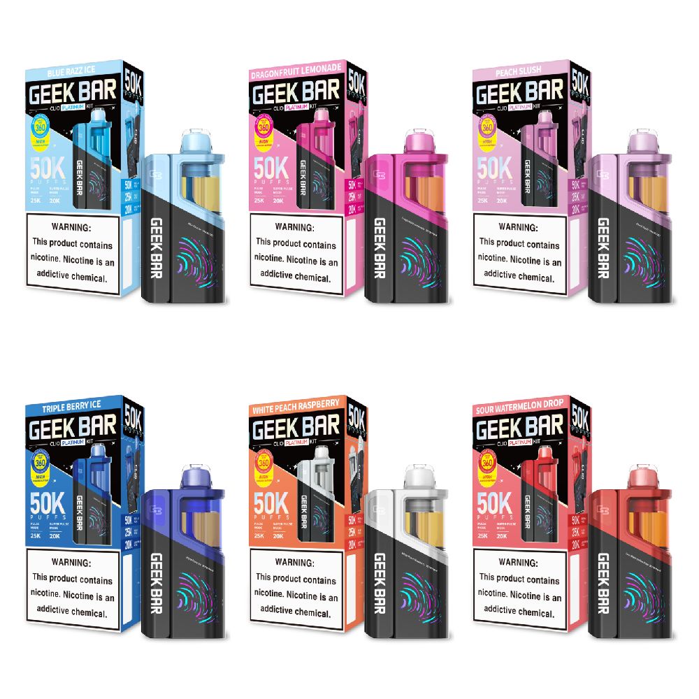 Geek Bar Clio Platinum 50K Disposable + Power Dock, 50mg Group Photo with Packaging