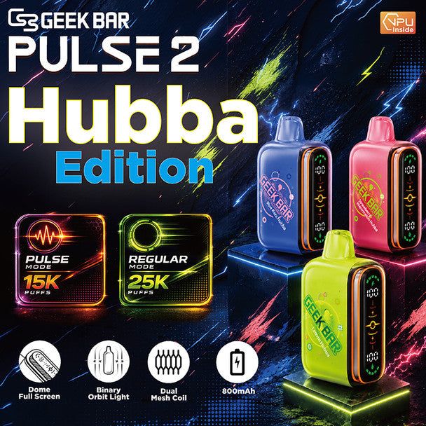 Geek Bar Pulse 2 Disposable 25K Hubba Edt., 16mL Group Photo with Packaging