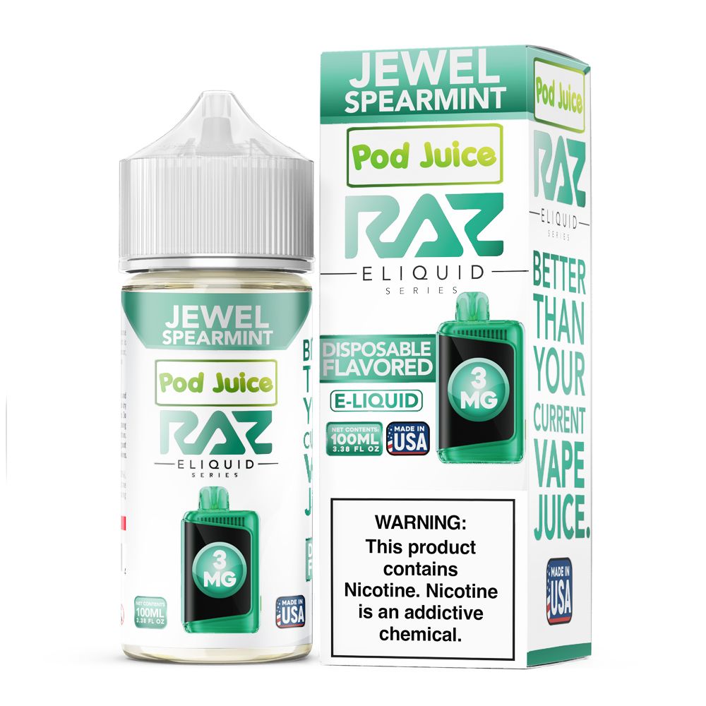 Jewel Spearmint  by Pod Juice x RAZ by100mL (Freebase) 3mg bottle with packaging