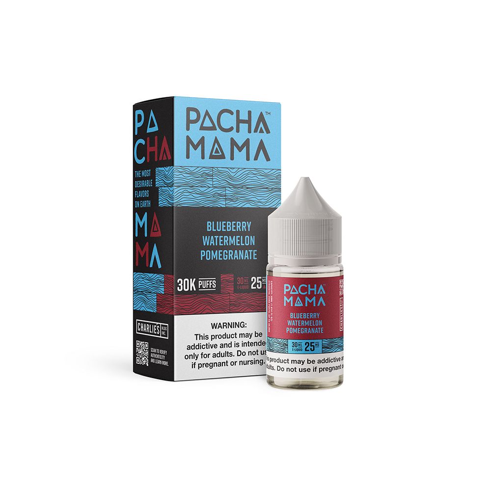 Pachamama SALTS E-Liquid - Blueberry Watermelon Pomegranate, 30mL with packaging