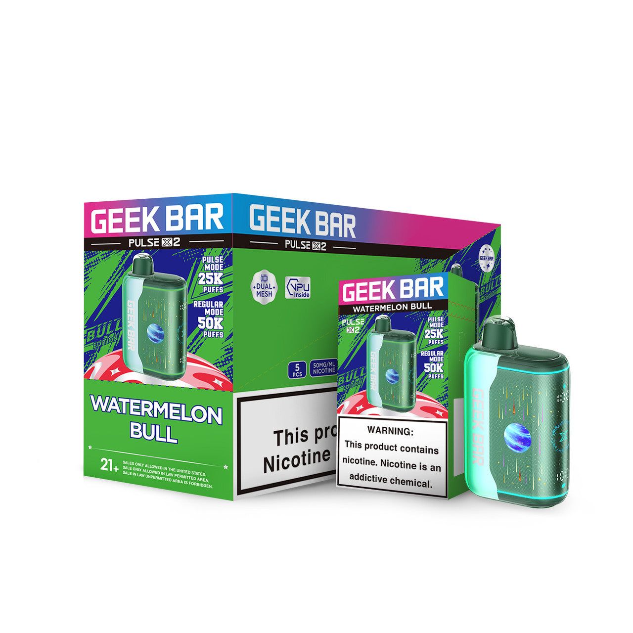 Geek Bar Pulse X2 50K Disposable, 18mL Watermelon Bull with Packaging