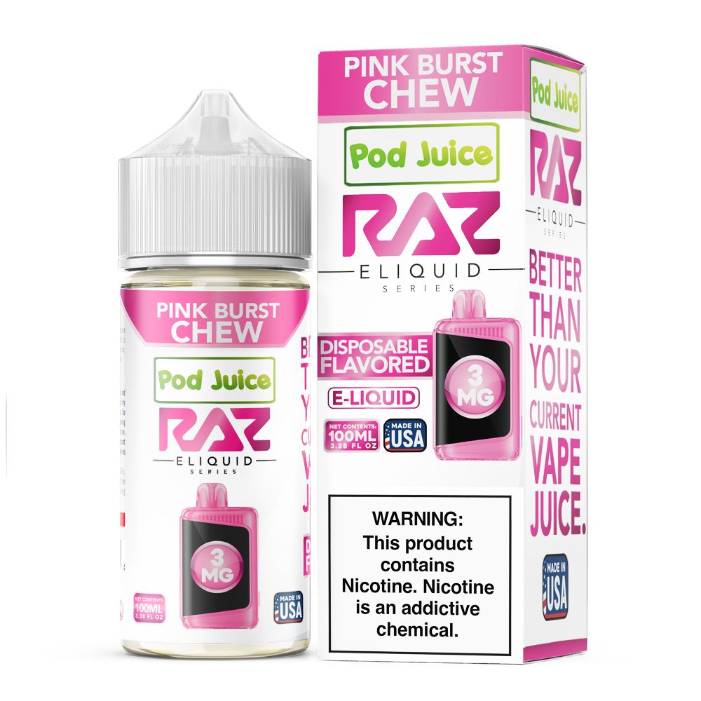 Pink Burst Chew by Pod Juice x RAZ 100mL (Freebase) 3mg bottle with packaging